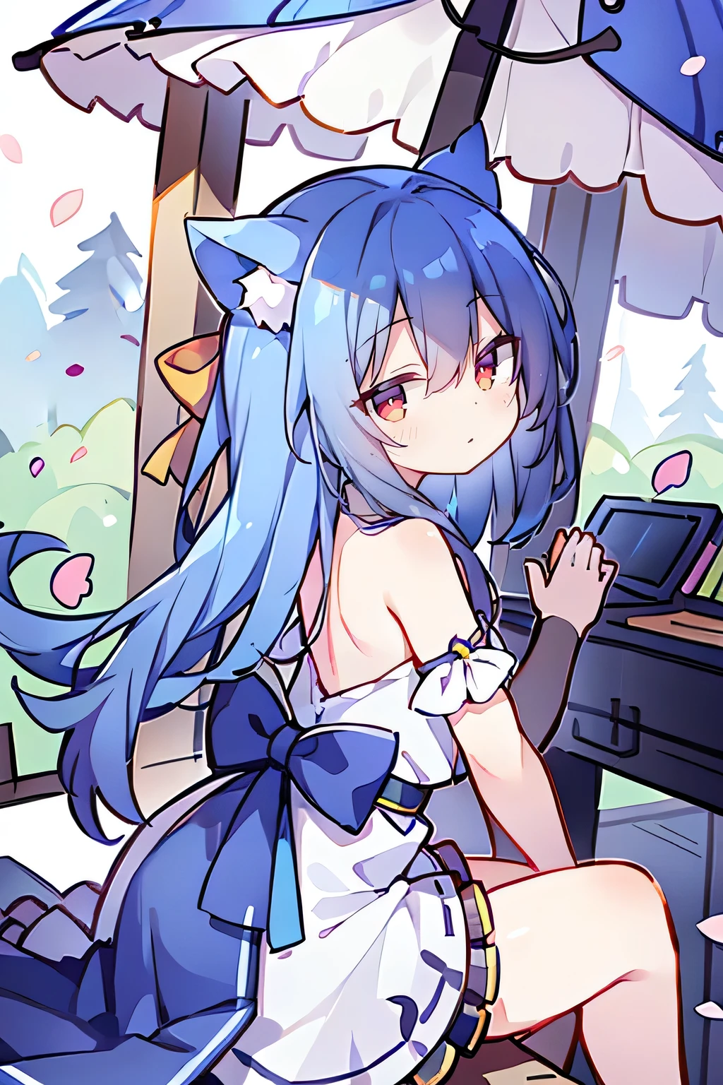 (masterpiece:1.2),Super detailed,lifelike,Expressive eyes,fair skin,perfect face shape,1 girl,
Japanese comics,Gorgeous blue hair,flowing blue hair,flowing clothes,Cat ears,Petals fall,beautiful lola,Baby Angel,
Shaking head with one hand,Cross your legs,,The pavilion is cool and comfortable,smile,back views,sunrise,Petals fall