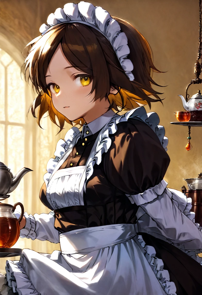 Girl, Short Brown Hair, wearing glass, Yellow-amber eyes, Victorian maid, Tea-pot, Strictful.