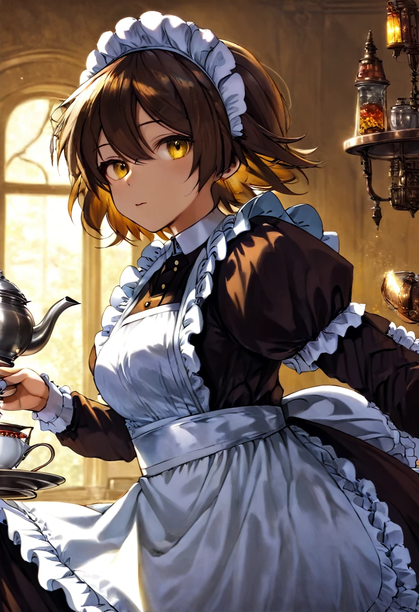 Girl, Short Brown Hair, wearing glass, Yellow-amber eyes, Victorian maid, Tea-pot, Strictful.