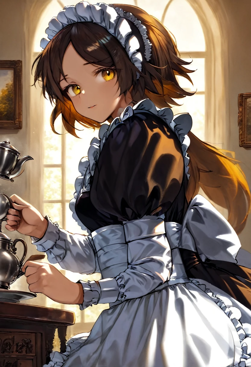 Girl, Short Brown Hair, wearing glass, Yellow-amber eyes, Victorian maid, Tea-pot, Strictful.