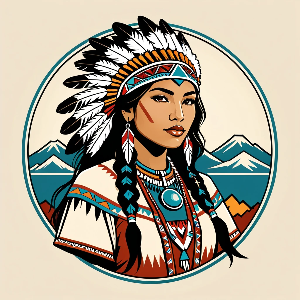 female	engineer	in native american folk outfit	,vector graphics, strong contours, logo design																						