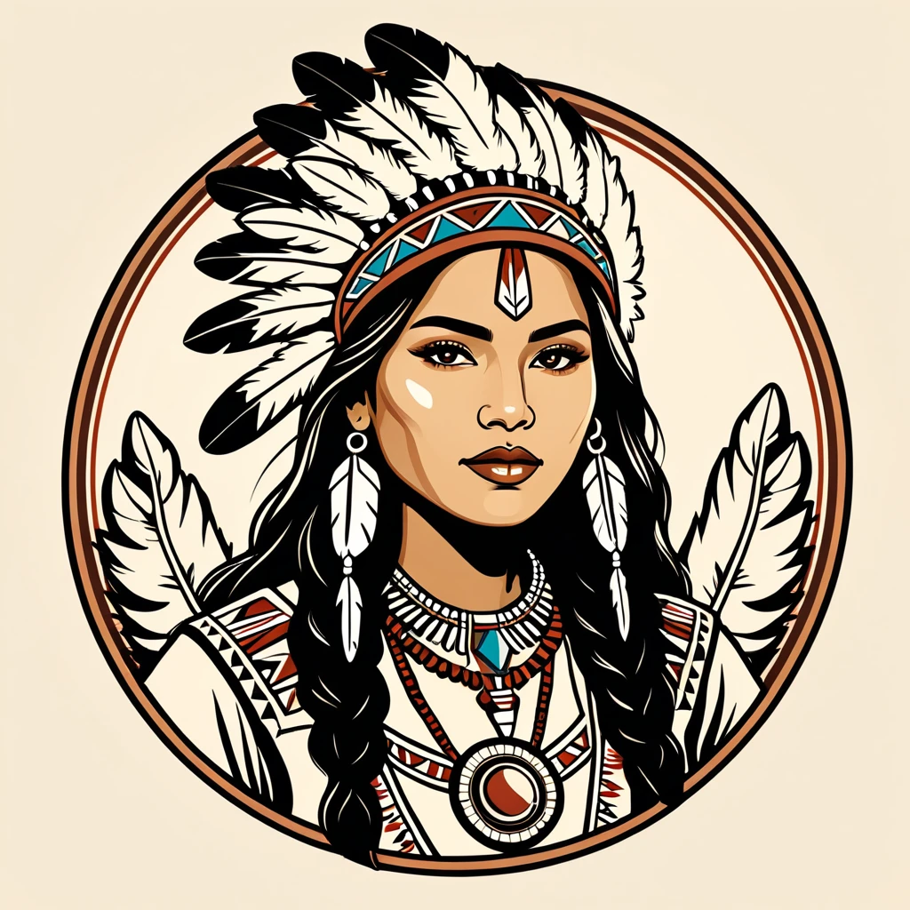 female engineer in native american folk outfit ,vector graphics, strong contours, logo design