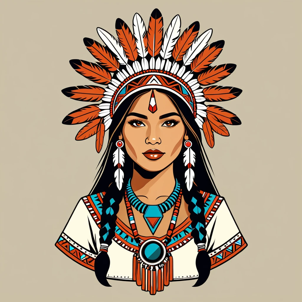 female engineer in native american folk outfit ,vector graphics, strong contours, logo design