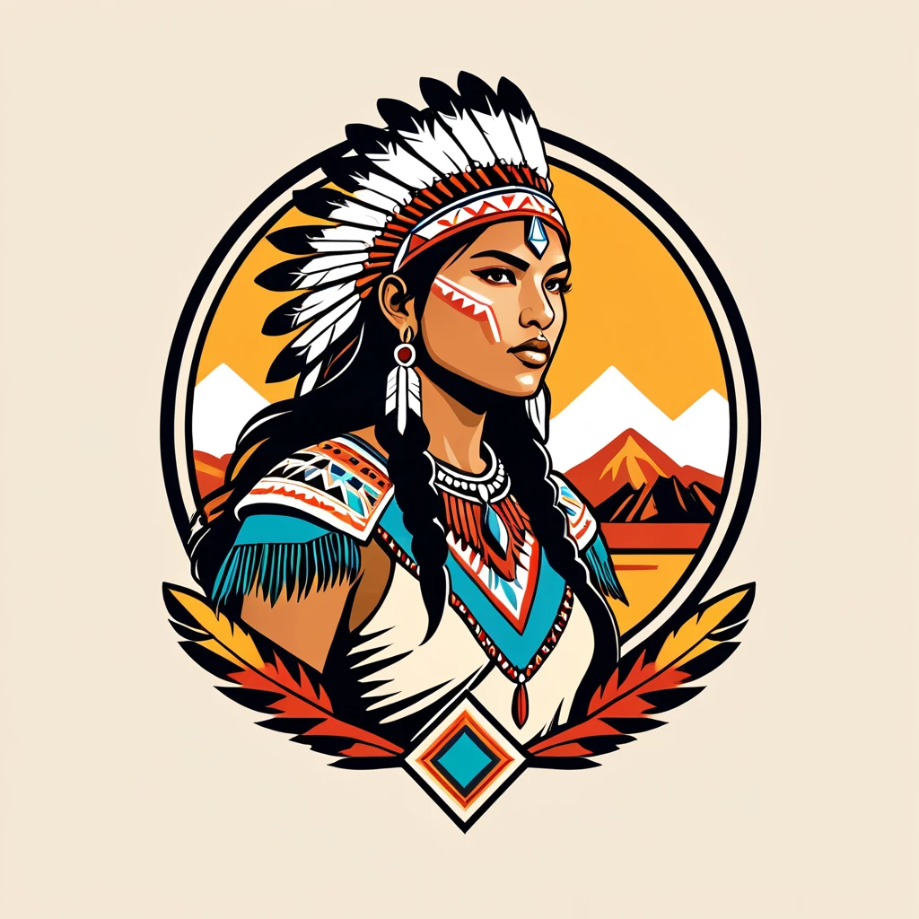 female fighter in native american folk outfit ,vector graphics, strong contours, logo design