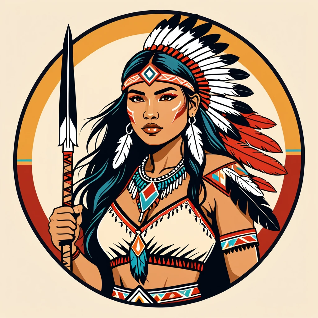 female fighter in native american folk outfit ,vector graphics, strong contours, logo design