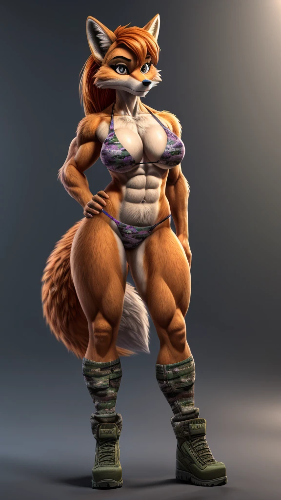 Skye from Paw Patrol, as a female fox, anthro, mature adult, flowy orange hair, magenta iris, tall, muscular, curvy, standing, military camo plated bikini, serious, detailed, solo, beautiful, high quality, clear background, 4K