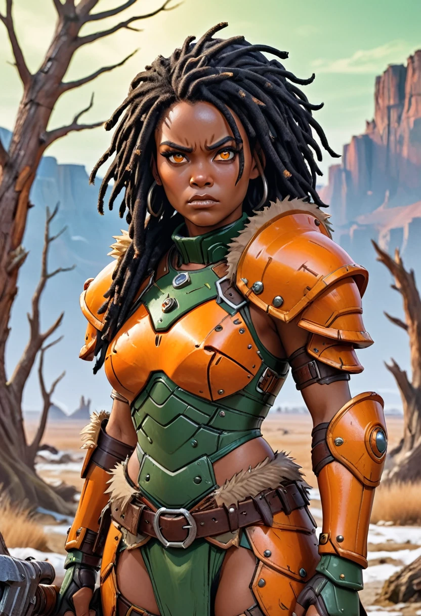 close up of African woman with (short black dreadlocks), short black hair pulled back, wearing a (heavy orange mechanical armor, with fur trim:1.3), chipped paint (orange power armor covering her chest and arms), (orange breast plate:1.1) with large (round orange shoulder pads:1.1), fur trim, dark green tight undersuit. (detailed eyes, detailed face), dark skin. (barbarian fur loincloth:1.3), (fur belt, fur boots:1.2),(fur trim:1.2). Badlands background with dead trees. super high quality, super high detail, masterpiece, 4k, 8k, HDR, masters of the universe. Frowning expression, serious expression, glaring at the camera. Show her fighting, dynamic exaggerated pose, (fighting stance, fighting, movement:1.2)