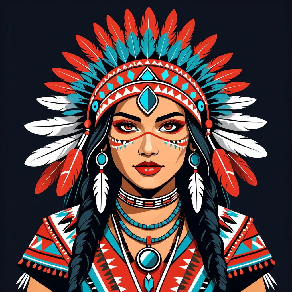 female hacker in native american folk outfit ,vector graphics, strong contours, logo design