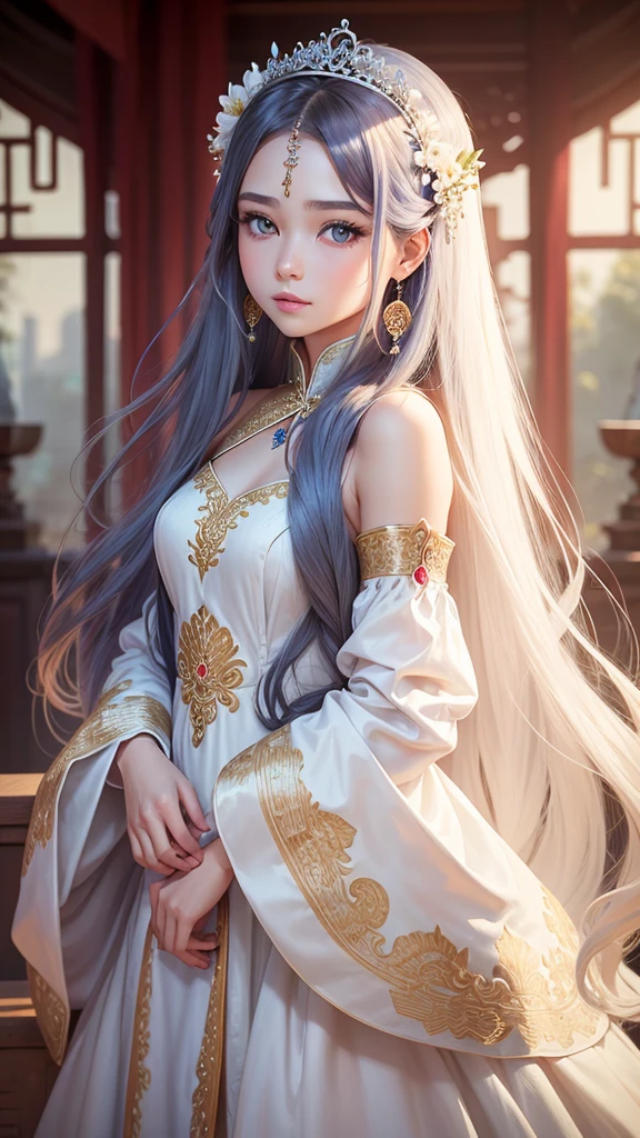 a beautiful girl has long hair and is wearing a white dress and tiara, 1girl, jewelry, flower, earrings, long hair, solo, hair ornament, chinese clothes, blue eyes, looking at viewer, upper body