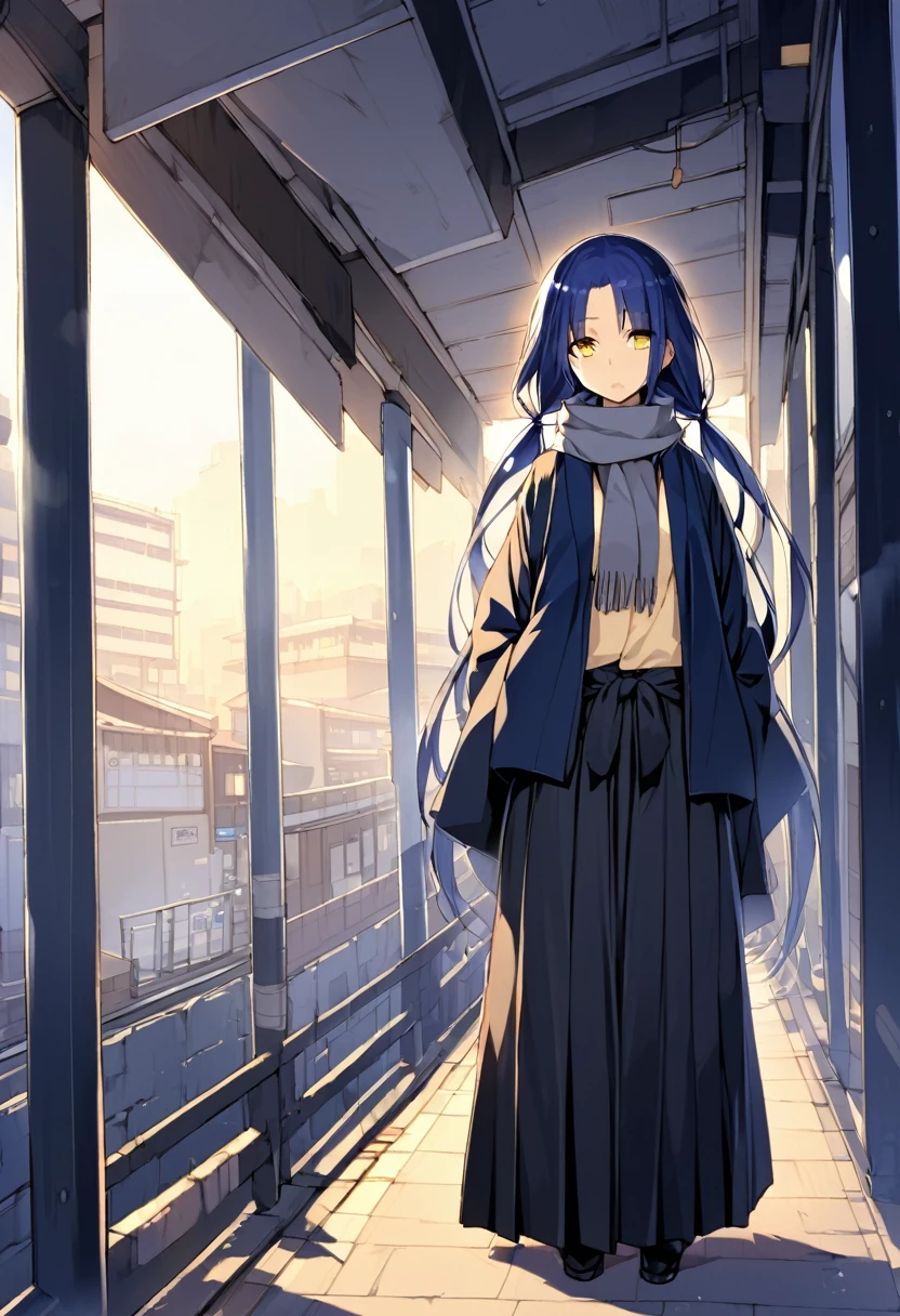 japan city in early morning(One very tall woman with her hair in twin tails, exposing her forehead.,Navy Blue Hair,yellow eyes,Black haori,Black Hakama,Wear a grey scarf around your neck)