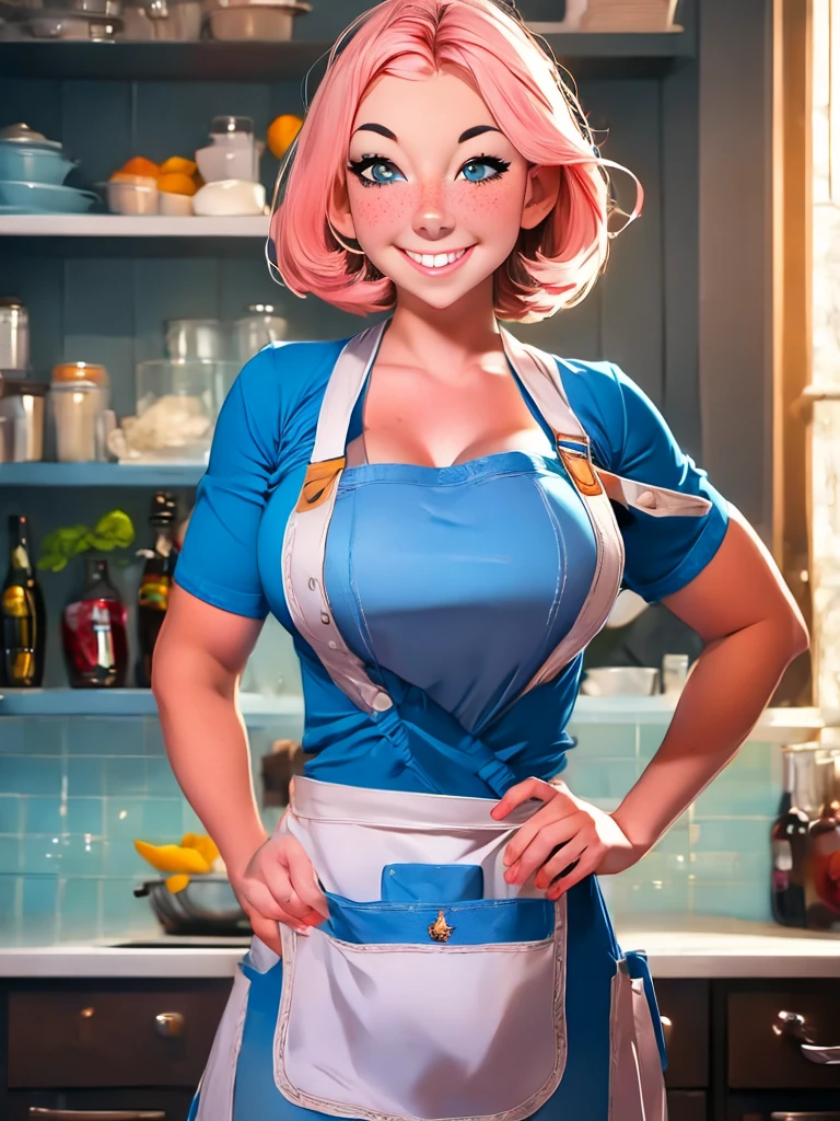 a closeup portrait of a girl, classic bob, apron, amazing body, pronounced feminine feature, busty, kitchen, [ash blonde | ginger | pink hair], freckles, flirting with camera