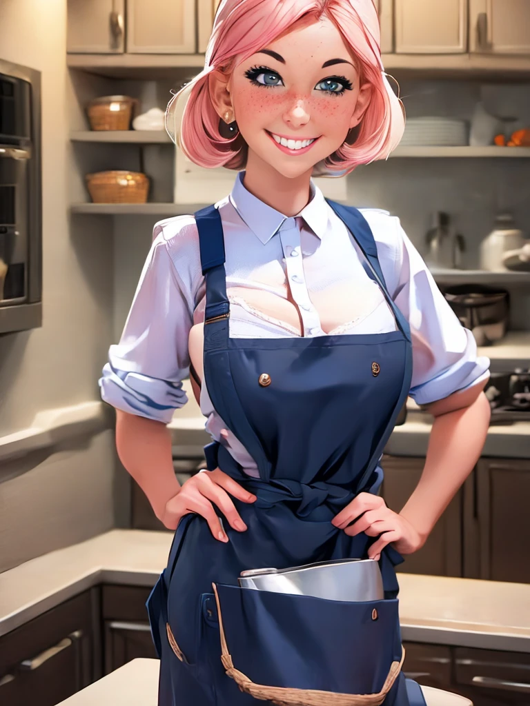 a closeup portrait of a girl, classic bob, apron, amazing body, pronounced feminine feature, busty, kitchen, [ash blonde | ginger | pink hair], freckles, flirting with camera