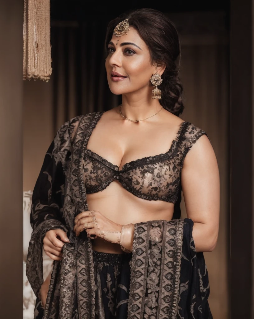Black bra, designer bra, deep cleavage, big