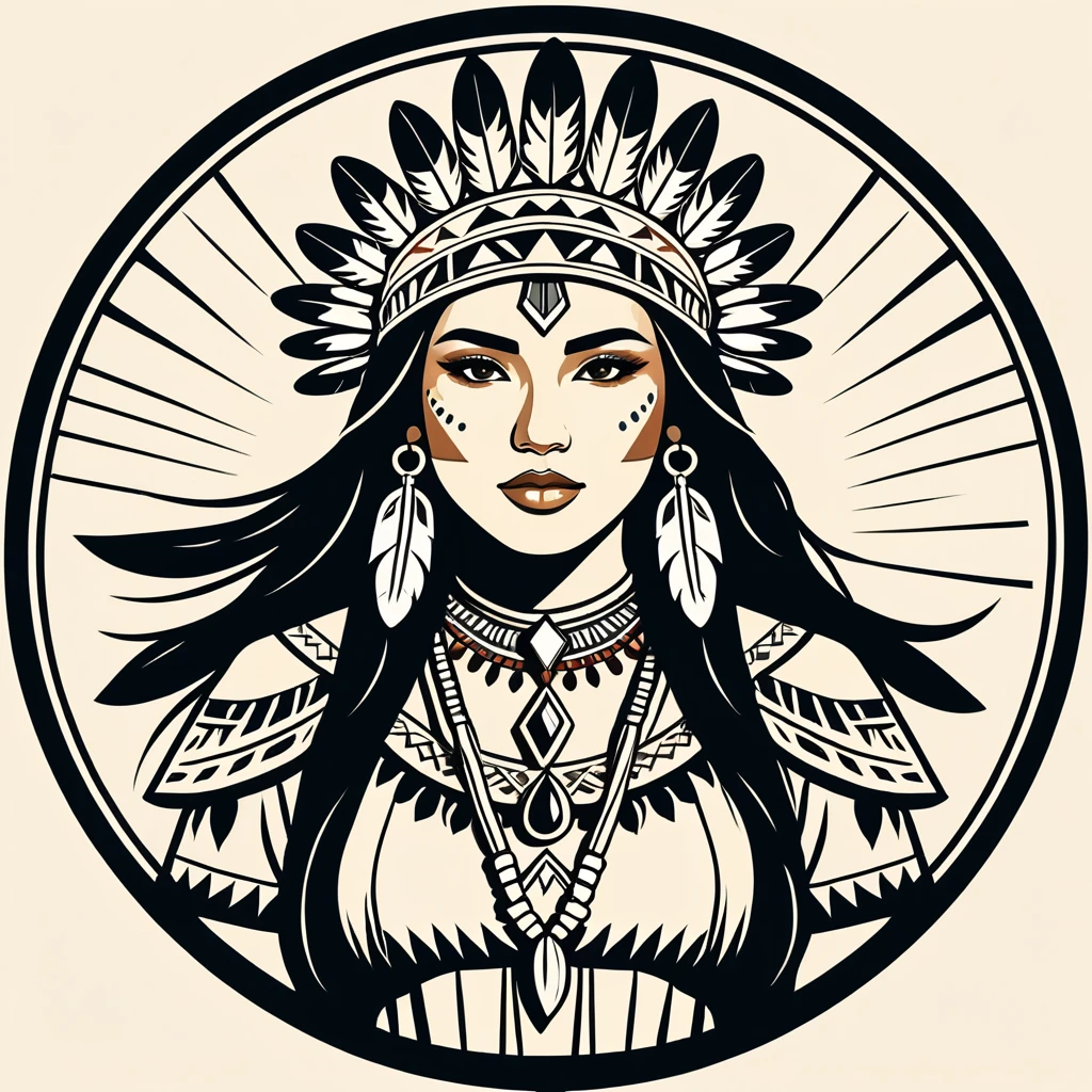 female healer in native american folk outfit ,vector graphics, strong contours, logo design