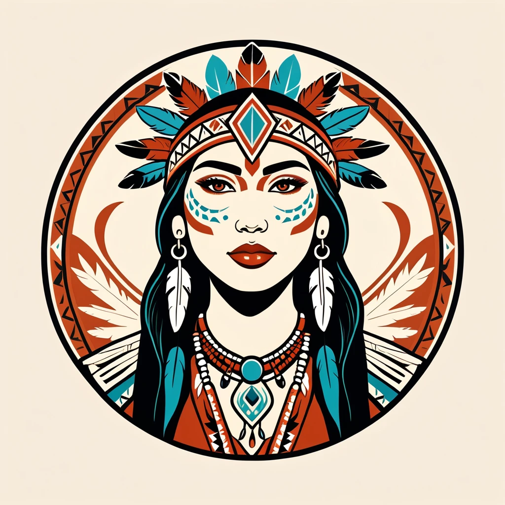 female healer in native american folk outfit ,vector graphics, strong contours, logo design