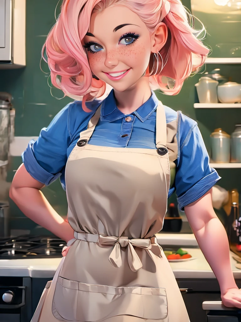 a closeup portrait of a girl, classic bob, apron, amazing body, pronounced feminine feature, busty, kitchen, [ash blonde | ginger | pink hair], freckles, flirting with camera