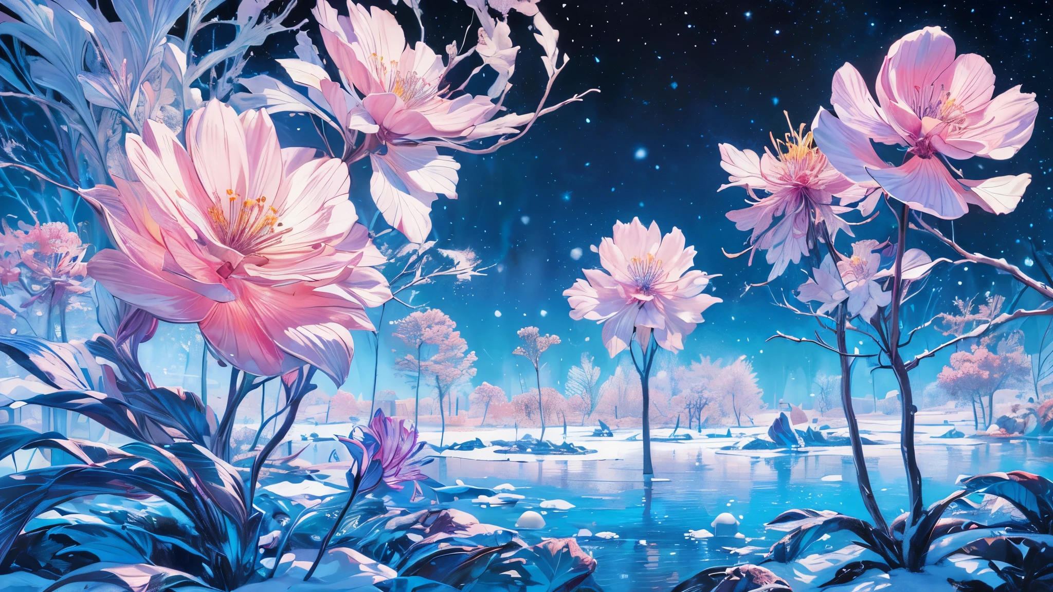 melody mark,premium、mesa、1woman、Alone、(Abstract art:1.4),(Psychedelia theme:1.6),(Gunjo World:1.5),(snow world:1.5),(winter world:1.5),(In the center of the world is the most beautiful woman in the world.),(many stars are falling:1.3),A ray of light spreads,Crystals extending from the center.,prisma(nostalgic landscapes:1.5),(colorful flower:1.5),garden girl,absurd, ultra detailed,Bright color, Extremely beautiful and detailed anime face and eyes.,short hair,asymmetrical bangs, Blonde hair with short twin tails., shiny hair, beautiful and delicate face, red blush、blue eyes, White skin, hair clips, earrings, a necklace,beautiful cloud, dusk sky,