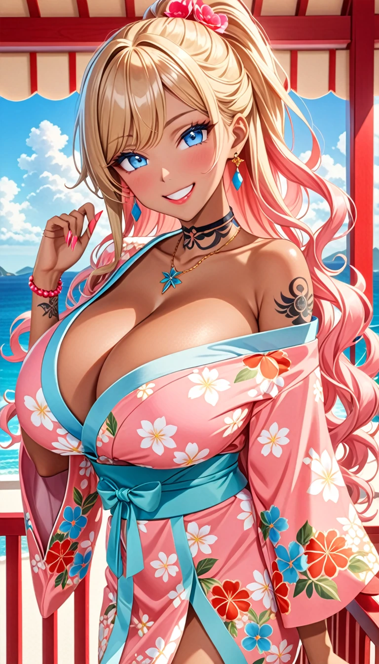 ultra-detailed, ((one girl)), ((portrait)), (tan skin:1.5), in pastel colors gyaru, (heavy makeup), (professional lighting) hyper detailed, absurdres, 8k, Beautiful Face, (Laugh shyly), ((teasing smile:1.8)), ((happy smile:1.1)), ((Wink:1.4)), (Laugh with your mouth wide open),((Tilt your face:1.6)), View your viewers, ((Bright red cheeks:1.6)),Glossy shocking pink lips, ((huge breasts:1.5)), undressing, ((Her tattoo peeked through her kimono:1.2)), noon, summer, Luxury resort with ocean view, ((Anime style background)),masterpiece, Highest quality, (Brighten your face), so beautiful,Latest, Complex details, ((fluorescent pink long nail:1.2)), (ring),(bracelet), (Floral Choker),AI-generated, Complex,High resolution, Highest quality, super high quality,3D Images、3D Images,One person, (blond long hair), (High Ponytail), (wavy hair:1.4), Anime woman posing for a photo, ((Fine grain、blue eyes、glowing eyes:1.4)), (Squint your eyes:1.1),a hyperRealistic , hyperRealistic , Realistic,Anime woman with long honey blonde hair, Smooth anime CG art, A girl in a gorgeous pastel-colored kimono, ((Pastel-colored furisode)),(Pink large floral pattern), (sideboob), Long flower hair ornament,large gold hoop earrings, Mature Body, tall,Narrow waist, front view,
