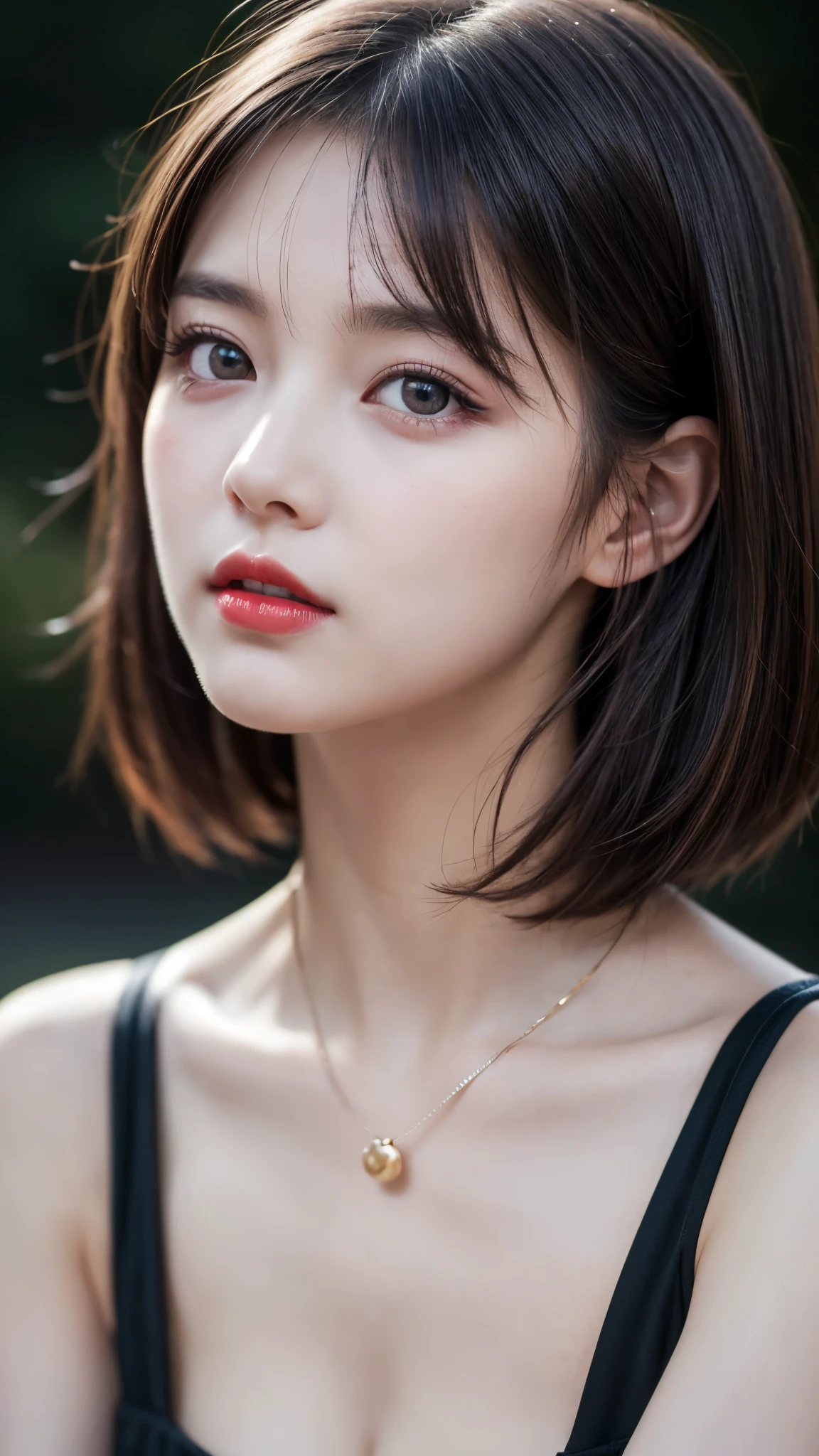 (Best quality,8k,high resolution,masterpiece:1.2),Digital Artwork, A girl,Delicate face,Delicate eyes,Dark brown hair,Short straight hair,Shining amber eyes,Red lips,Suspenders ,particle,dust,Slightly blush,shy,in love,(HD skin),Shallow depth of field