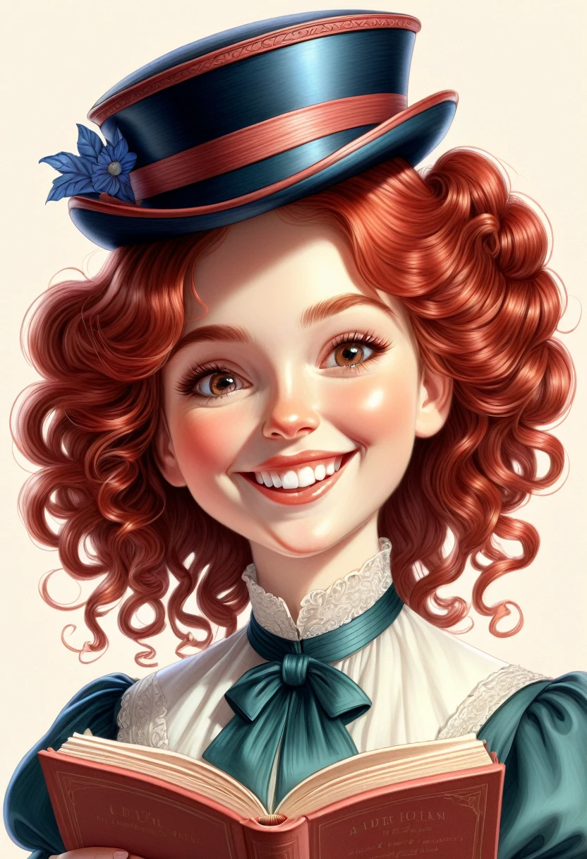 A colored pencil drawing of a pretty smiling happy victorian governess, curly auburn red hair. Kind and inteligent, joyful energy. hair in bun, hat. book of poetry in hand. 
