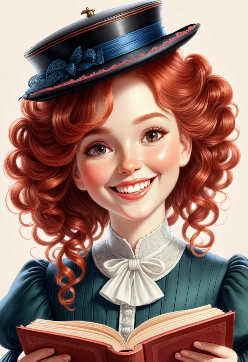 A colored pencil drawing of a pretty smiling happy victorian governess, curly auburn red hair. Kind and inteligent, joyful energy. hair in bun, hat. book of poetry in hand. 
