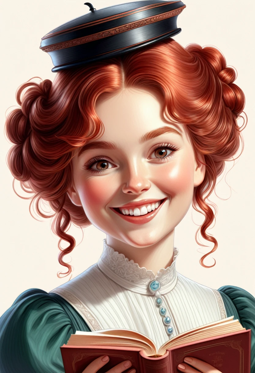 A colored pencil drawing of a pretty smiling happy victorian governess, curly auburn red hair. Kind and inteligent, joyful energy. hair in bun, hat. book of poetry in hand. 
