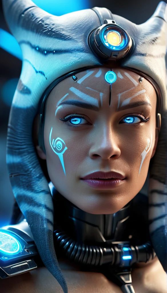 A futuristic cyborg woman with glowing blue circuitry, dramatic lighting, intricate mechanical details, hyper-realistic, 8k, volumetric lighting, cinematic composition, depth of field, photorealistic, highly detailed, vibrant colors, studio lighting, sci-fi, blue and black color scheme