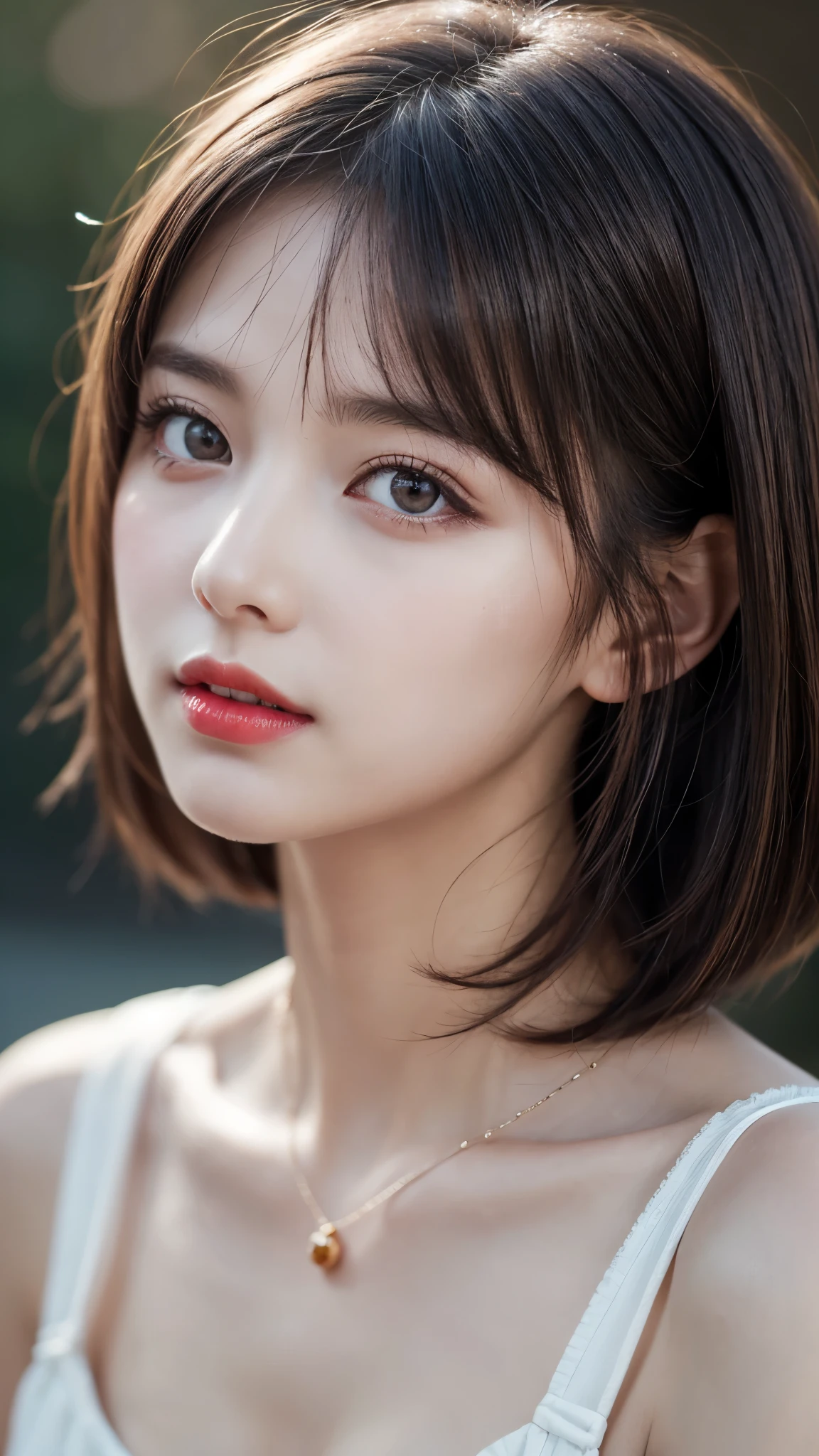 (Best quality,8k,high resolution,masterpiece:1.2),Digital Artwork, A girl,Delicate face,Delicate eyes,Dark brown hair,Short straight hair,Shining amber eyes,Red lips,Suspenders ,particle,dust,Warm colors,shy,in love,(HD skin),Shallow depth of field