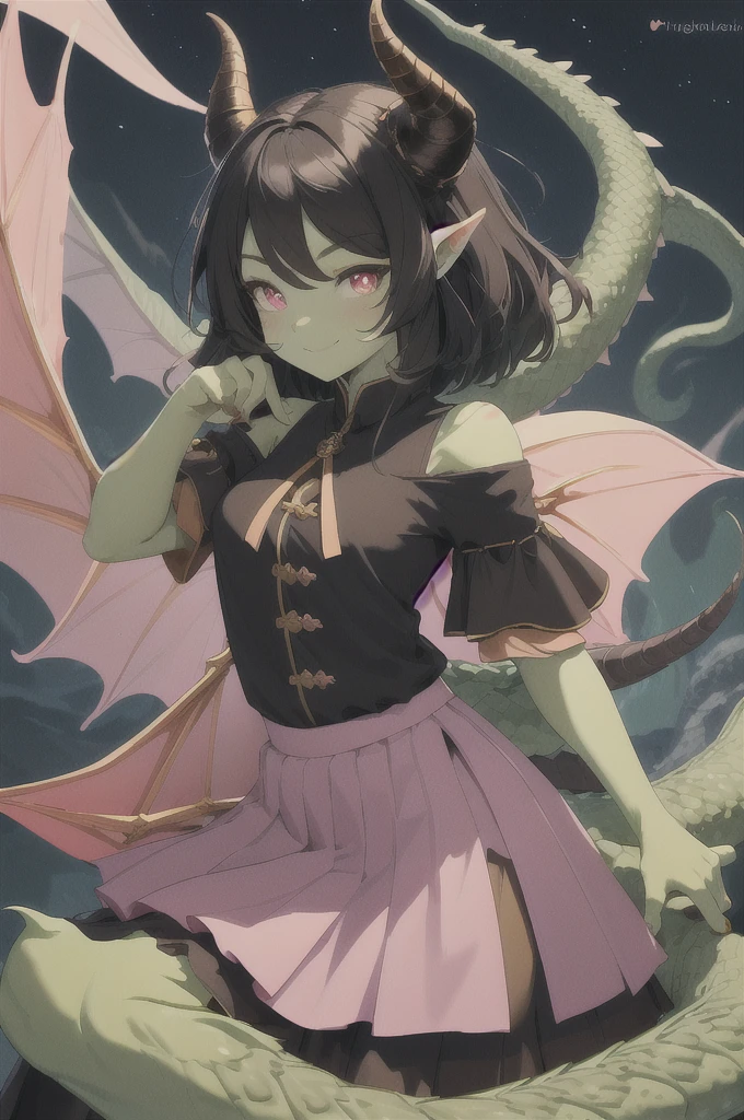 full color, masterpiece, high quality, dragon girl, green skin, brown horns, long tail, hairy tip on tail, long black hair, black holes in shoulders, pink pupils, Tender smile, a white blouse, Long blue skirt, Brown boots, black sclera