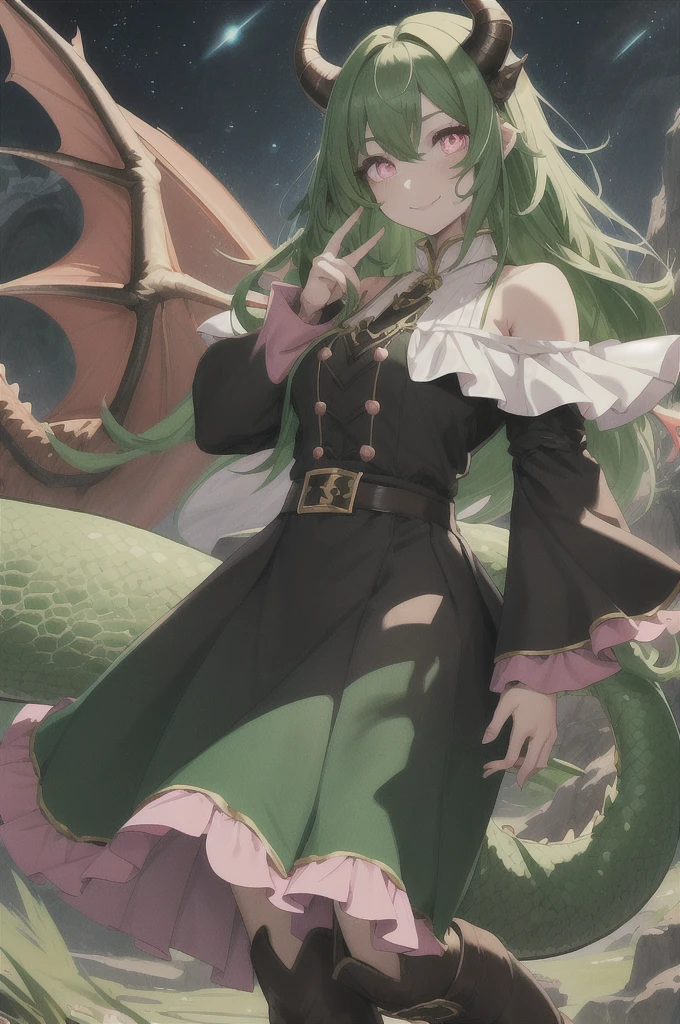 full color, masterpiece, high quality, dragon girl, green skin, brown horns, long tail, hairy tip on tail, long black hair, black holes in shoulders, pink pupils, Tender smile, a white blouse, Long blue skirt, Brown boots, black sclera