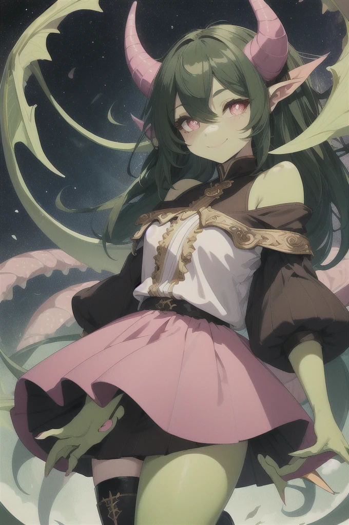 full color, masterpiece, high quality, dragon girl, green skin, brown horns, long tail, hairy tip on tail, long black hair, black holes in shoulders, pink pupils, Tender smile, a white blouse, Long blue skirt, Brown boots, black sclera