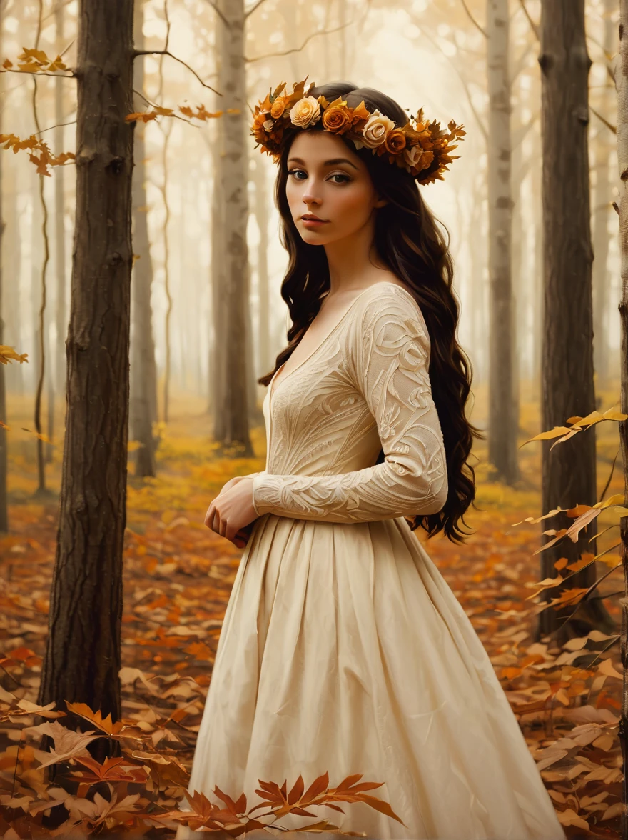 painting of a woman in a forest with a wreath of flowers on her head, a fine art painting inspired by Brad Kunkle, flickr, tonalism, brad kunkle detailed, brad kunkle elson peter, renaissance autumnal, in the autumn, late autumn, goddess of autumn, in autumn, lecouffe deharme, an american romanticism painting, beautiful autumn spirit