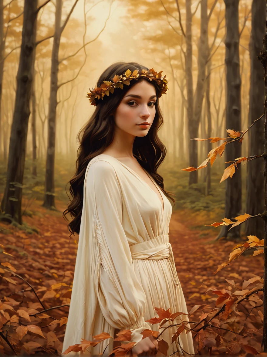 painting of a woman in a forest with a wreath of flowers on her head, a fine art painting inspired by Brad Kunkle, flickr, tonalism, brad kunkle detailed, brad kunkle elson peter, renaissance autumnal, in the autumn, late autumn, goddess of autumn, in autumn, lecouffe deharme, an american romanticism painting, beautiful autumn spirit