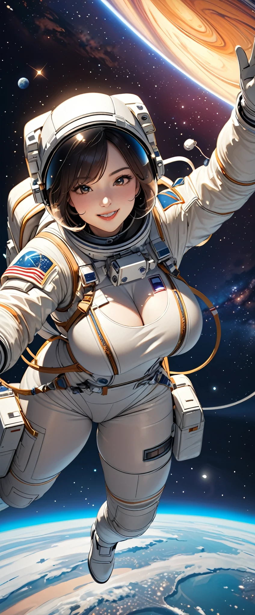 (masterpiece:1.2, Highest quality,High resolution,Very detailed),8k,wallpaper,(Female astronaut doing a spacewalk),Spacesuit,Milky Way,milky way,(Cute smile),(sexy),(Voluptuous:1.3),(Rendering something floating in space),(((Hand,detailed,perfect,perfection,hands))),(dynamic),(action shot)