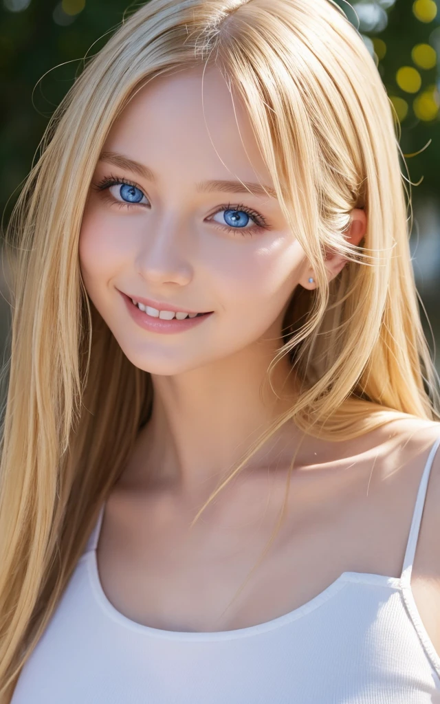 girl, smile, white bodysuit, blonde, blue eyes, Hyper Realistic