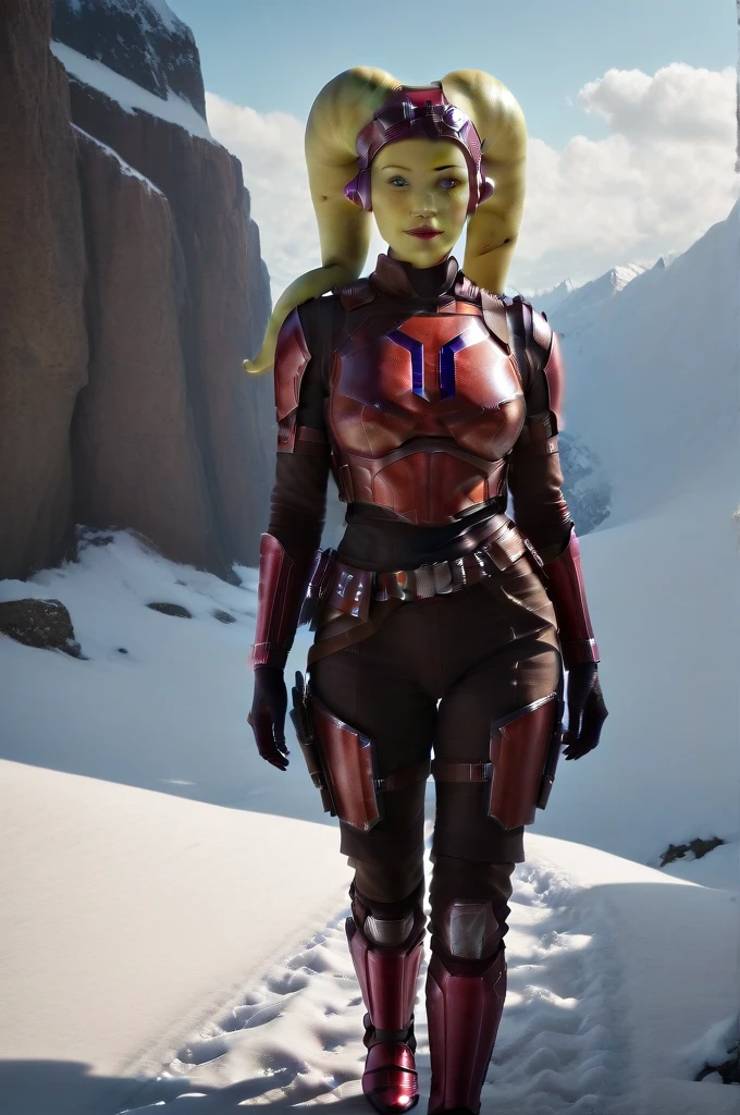 a ((fall body)) (((hera syndulla))) ((green skin )) ((female twi'lek ))mandalorian,walking on snow, ((green fire eyes )) , beautiful detailed eyes, beautiful detailed lips, extremely detailed face, long eyelashes, mandalorian armor, sci-fi, cinematic lighting, dramatic, epic, intricate details, hyper-realistic, 8k, high-quality, photorealistic