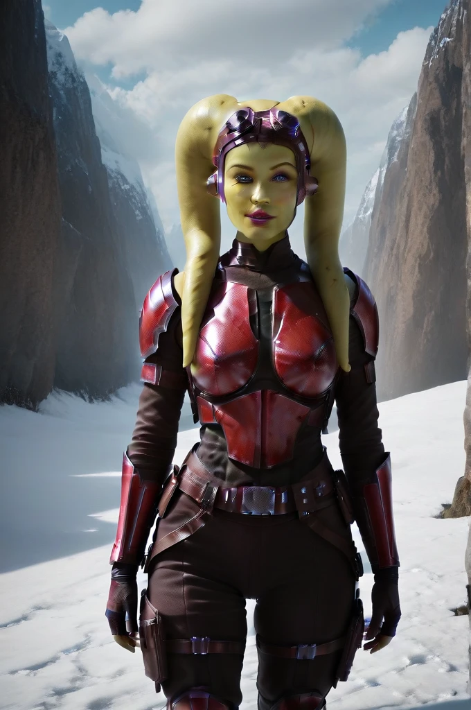 a ((fall body)) (((hera syndulla))) ((green skin )) ((female twi'lek ))mandalorian,walking on snow, ((green fire eyes )) , beautiful detailed eyes, beautiful detailed lips, extremely detailed face, long eyelashes, mandalorian armor, sci-fi, cinematic lighting, dramatic, epic, intricate details, hyper-realistic, 8k, high-quality, photorealistic