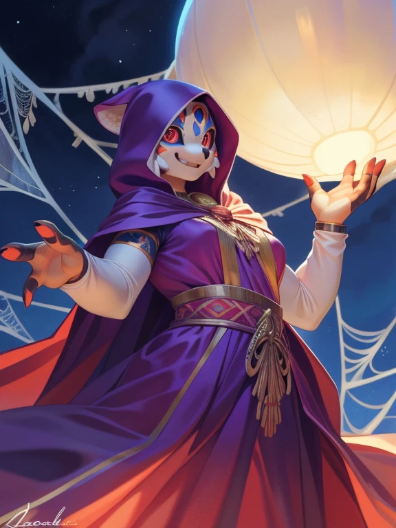 solo, anthro, furry, furry female, spider,((chitin, arachnid, smooth chitin, opaque carapace)), (white spider), black pupils, white sclera, white body, white chitin, red eye, tail, spider mandibles, detailed face, detailed eyes, four eyes, bare chest, (dolman sleeves dress, hood), temple, (by null-ghost,by raccoon21, masterpiece, high quality, hi-res, 8k, hd, half-light), standing,close-view portrait, looking at viewer, night, gleeful expression, smiling, dynamic pose, Female spider, white chitin, red eyes, four eyes, multiple eyes, dolman sleeves dress, four arms, small breasts, spider web