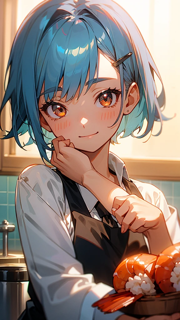 1 girl、Anime Images、kitchen、Delicious food、shrimp、Shiny light blue hair、Short Bob Hairstyles、Tie your hair with an orange hair clip、Beautiful brown eyes、smile、Upper body close-up、Sharp contours、Background Blur、Written boundary depth