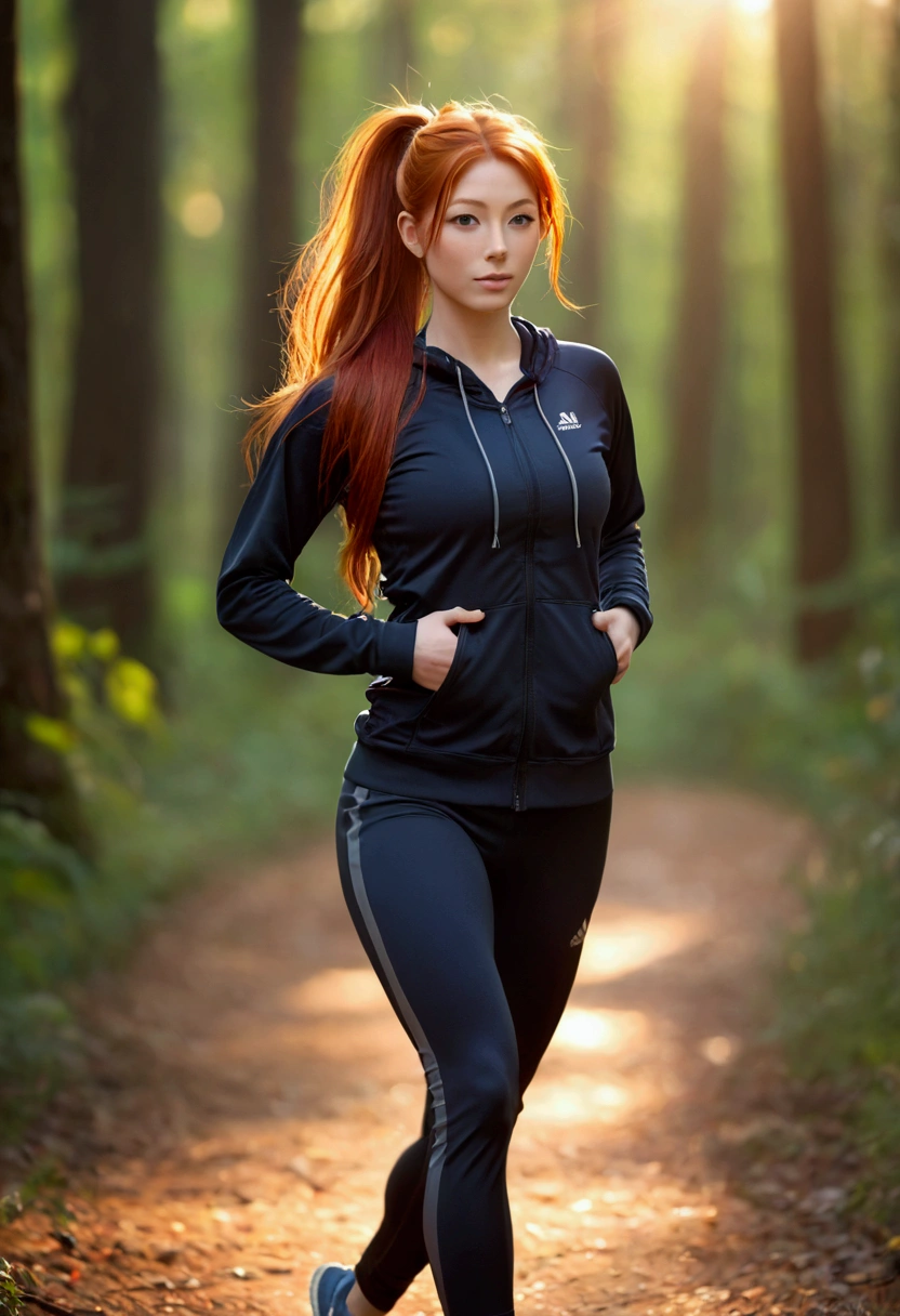 ultra realistic, photography, long red hair, girl, 24 years old, hourglass figure, perfect body, Flirty look, extremely detailed artgerm, in the style artgerm, facing the camera, lens 35 mm, blur background, in the woods, stretching, warming up, jogging outfit, hair in a ponytail, full body picture, early morning, sun dawn, sun rising