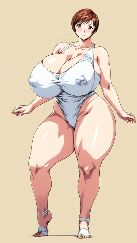 masterpiece, highest quality, High resolution, One girl, solo, sexual intercourse, Pornographic images, short hair, etsukoto, brown Eyes, fine grain, fine grain, long legs, (((Thick thighs, Plump thighs, Voluptuous thighs, Thighs alone are enough))), ((Huge and ample breasts, Cleavage, big long breasts)), Naughty big,((big breasts are important))、((Naughty thighs)), L Cup, (thin:1.4),(Tight waist:1.4), (white swimsuit:1.4), anguish, blash, (((Simple Background))), ((Wide Hips)), Shiny, Oily skin, Mature mother, Calf, Seductive mature woman, milf, Perfect body, Plus Size Model, curvy, ample, etsukoto, blush, clavicle, retro artstyle, 1990s (style), (thick thighs:1.4), full body, feet, (from side:0.9),