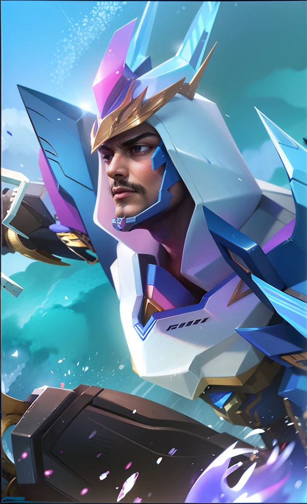 This is a digital rendering of a fantasy warrior in a blue and purple armor with gold accents, holding a sword.