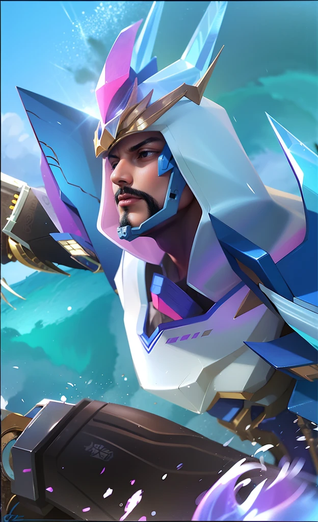  This is a digital rendering of a fantasy warrior in a blue and purple armor with gold accents, holding a sword.