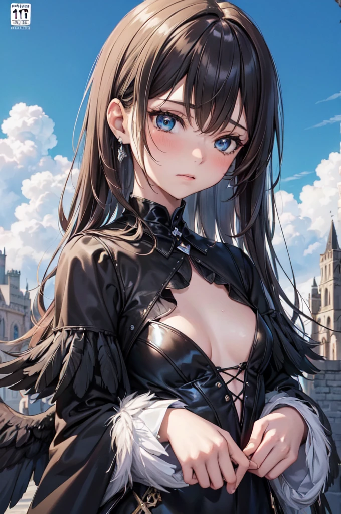 masterpiece, Angel Girl, young，12 years old，Brunette with wings, Hart neckline，Black dress with feathers, Close-up portrait, Delicate face, Lots of black feathers, silver，Black Wings, Blue sky, cloud, castle, whole body,(Cover Style:1.3)，anger，Veins popping out，fury ，ruins
