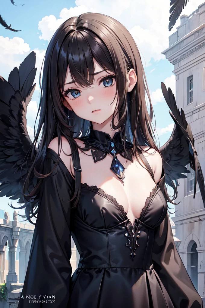 masterpiece, Angel Girl, young,,Brunette with wings, Hart neckline,Black dress with feathers, Close-up portrait, Delicate face, Lots of black feathers, silver,Black Wings, Blue sky, cloud, castle, whole body,(Cover Style:1.3),anger,Veins popping out,fury ,ruins