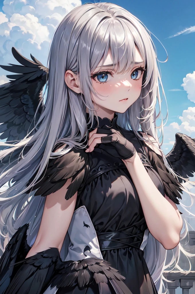 masterpiece, Angel Girl, young,12 years old,Brunette with wings, Hart neckline,Black dress with feathers, Close-up portrait, Delicate face, Lots of black feathers, silver,Black Wings, Blue sky, cloud, castle, whole body,(Cover Style:1.3),anger,Veins popping out,fury ,ruins