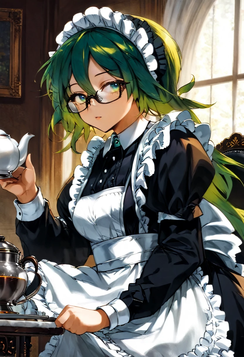 Girl, Long green Hair, wearing glasses, Emerald eyes, Victorian maid, Tea-pot, Strictful.