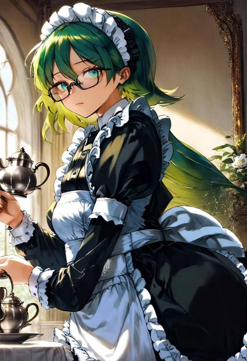 Girl, Long green Hair, wearing glasses, Emerald eyes, Victorian maid, Tea-pot, Strictful.