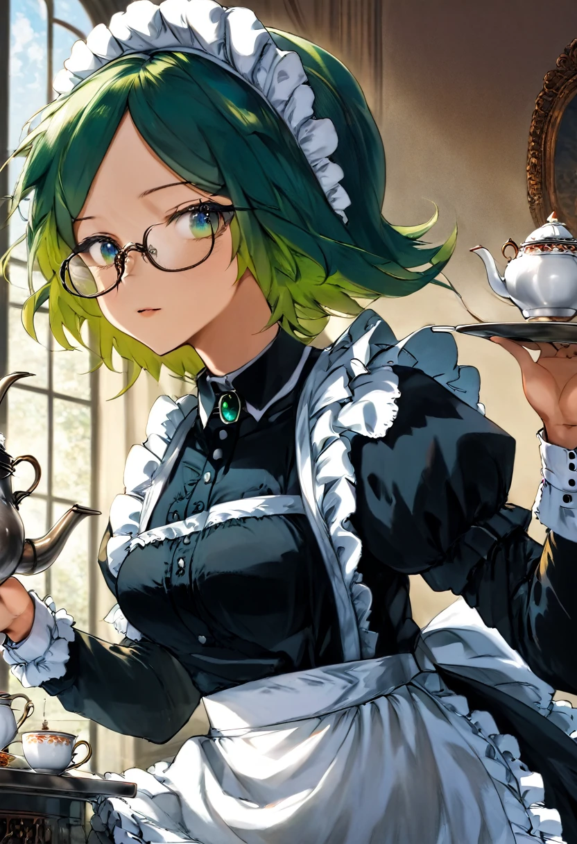 Girl, Long green Hair, wearing glasses, Emerald eyes, Victorian maid, Tea-pot, Strictful.