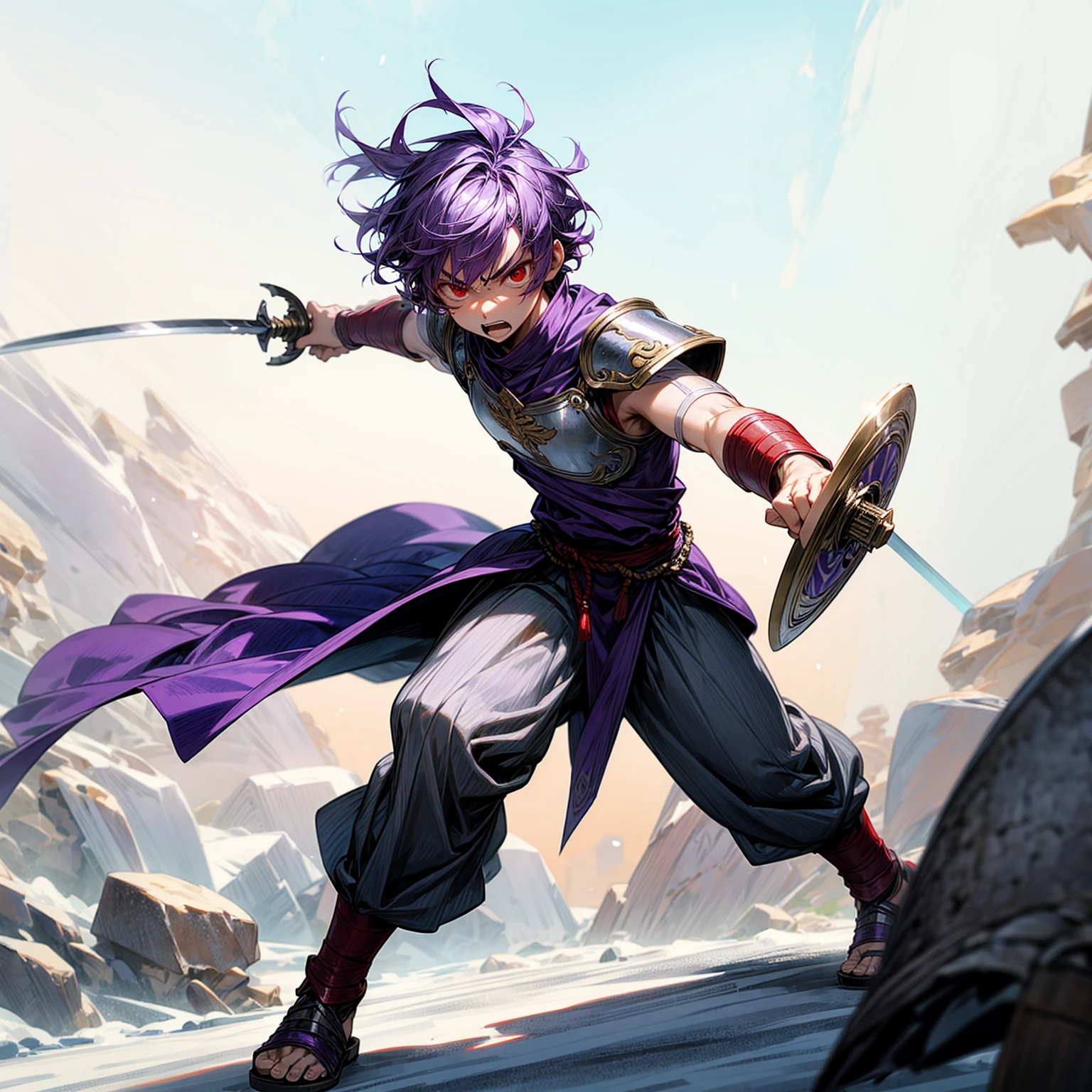 boy, Full background in snow town, red eyes, angry, angry eyes, short Curly hairstyle, purple colour hair, motion blur, lighting, armor, sword in hand, Small shield in hand, sandals, ancient Greek clothing